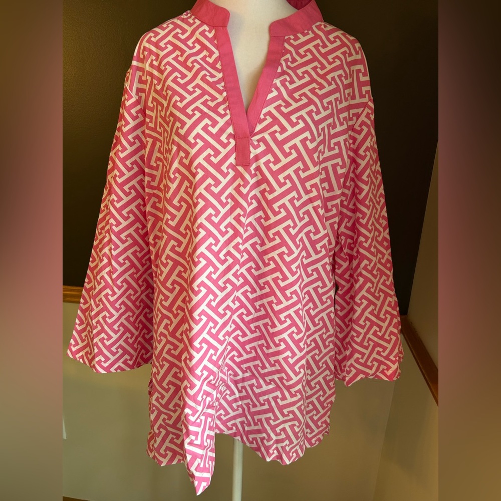Cape Madras Cotton Tunic Top Size Large Pink White